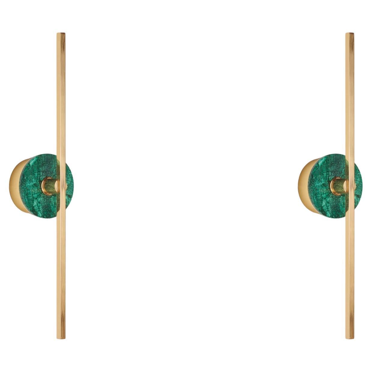 Pair of Essential Italian Wall Sconce "Elite Stick", Polished brass & Malachite