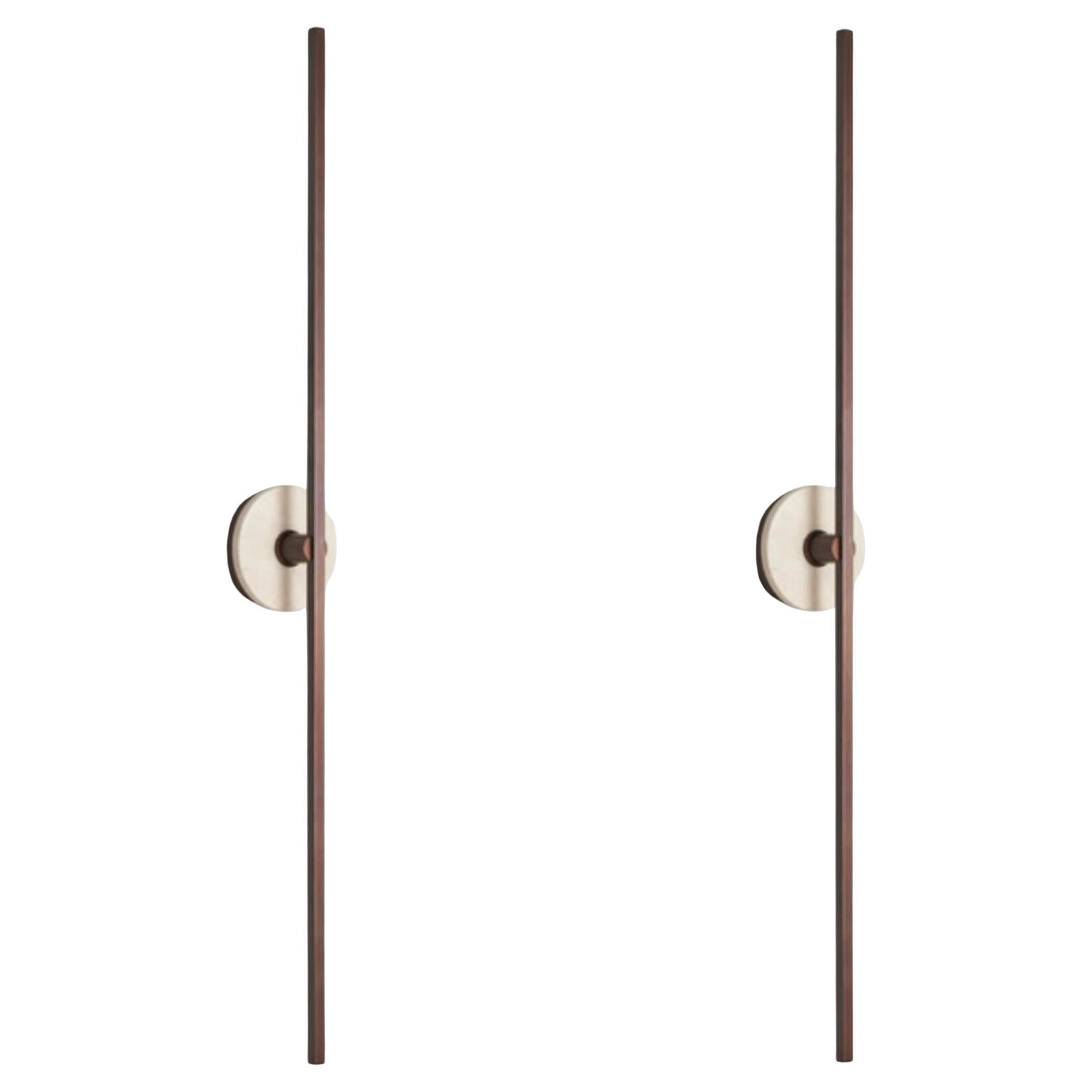 Pair of Essential Italian Wall Sconce "Grand Stick", Bronze and Travertine