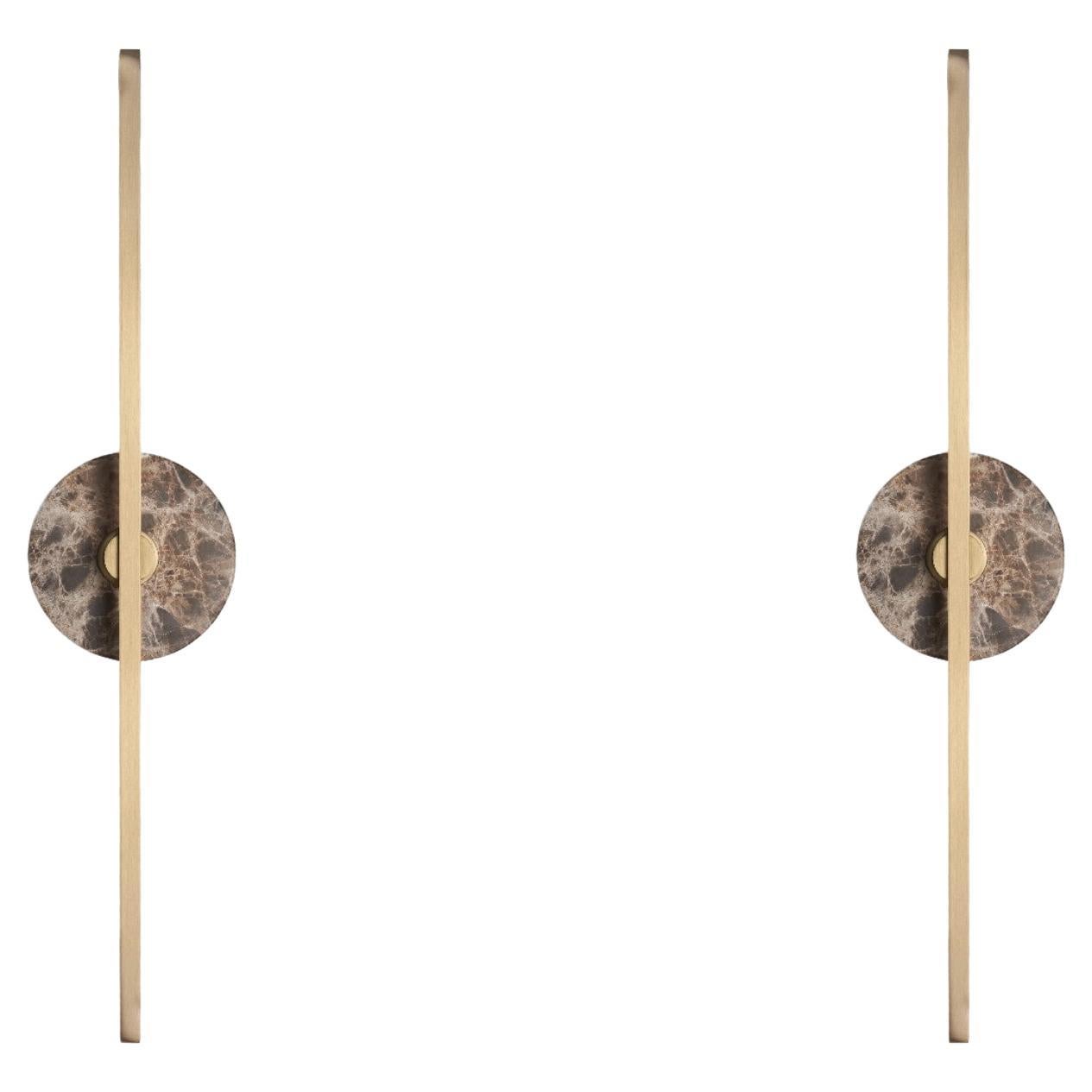 Pair of Essential Italian Wall Sconce "Stick" - Brass and Brown Emperador Marble For Sale