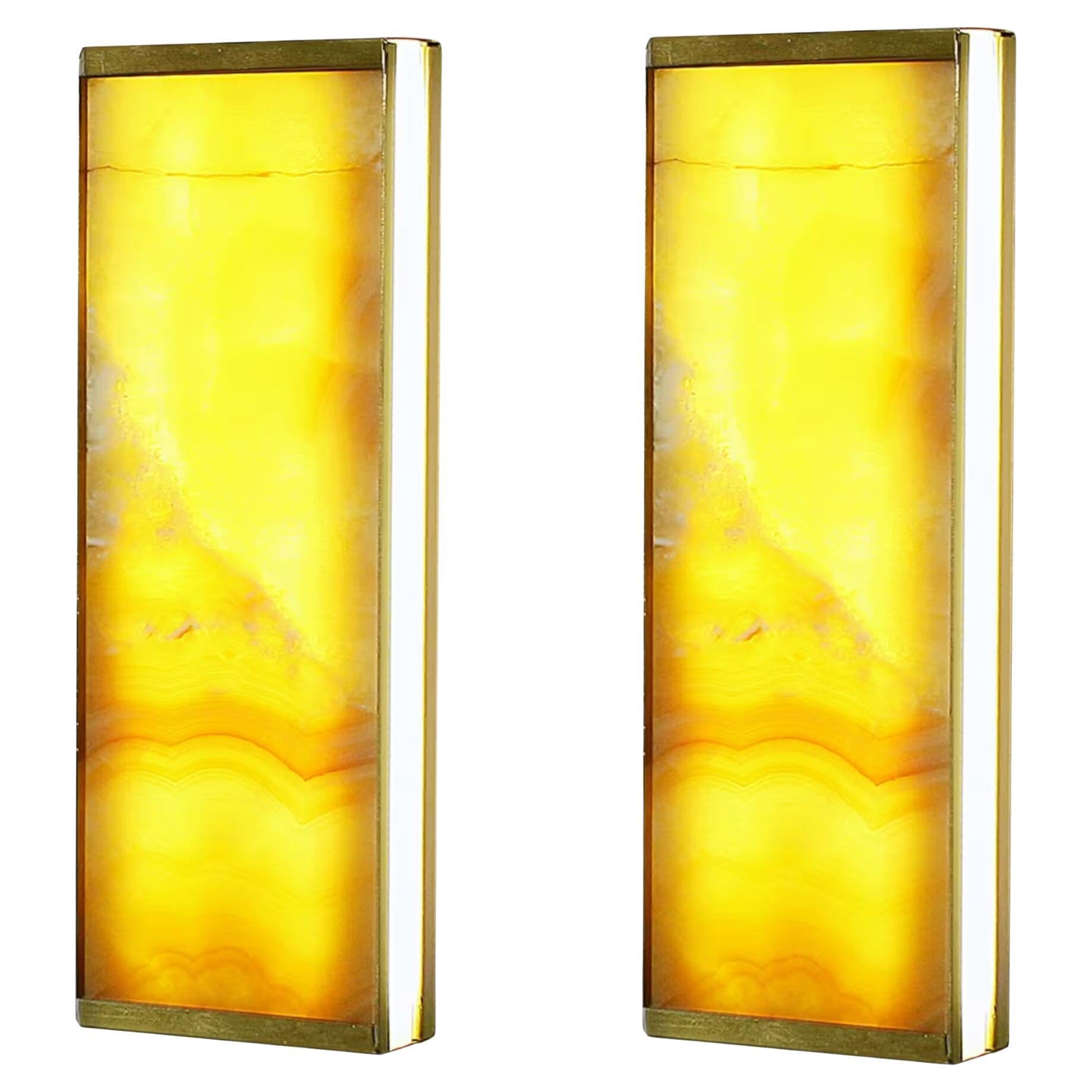 Pair of Essential Italian Yellow Onyx Wall Sconce "Tech" For Sale