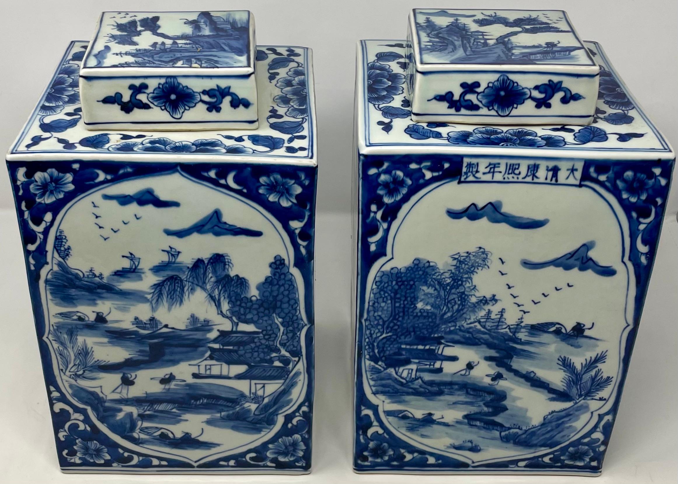 Pair of Large Estate Chinese blue and white porcelain tea jars, circa 1950's.