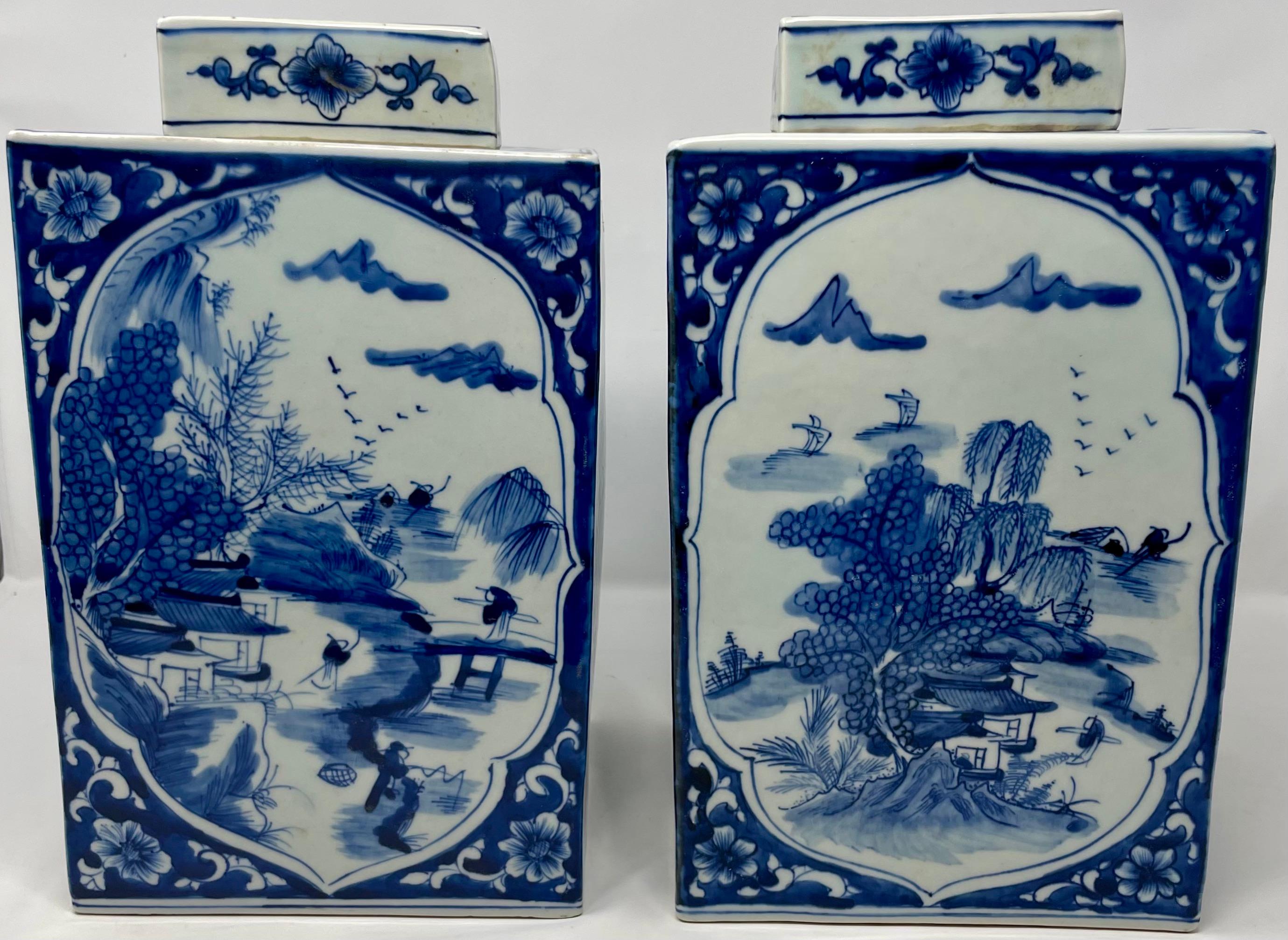 Pair of Estate Chinese Blue and White Porcelain Tea Jars, Circa 1950's In Good Condition For Sale In New Orleans, LA