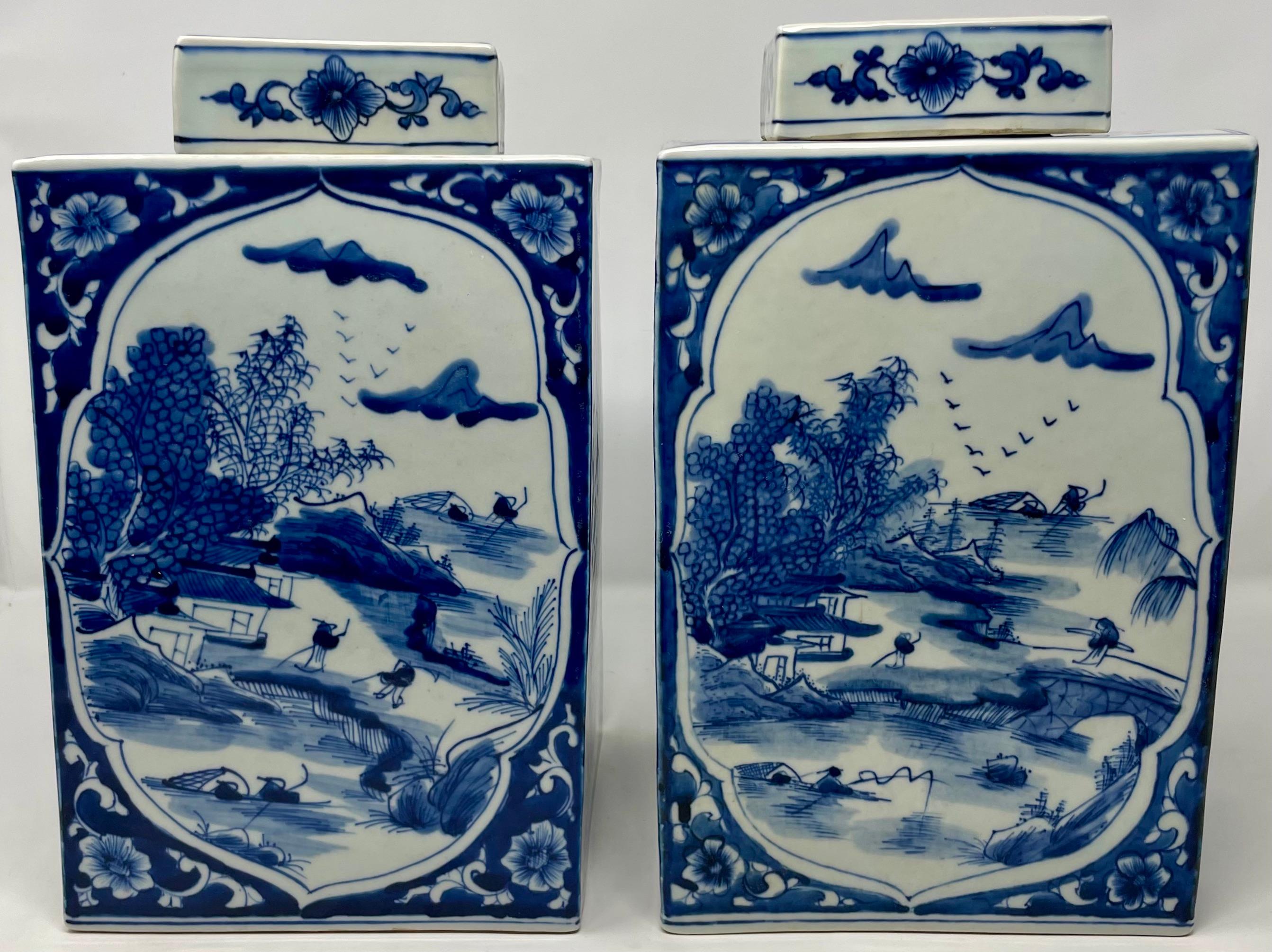 Pair of Estate Chinese Blue and White Porcelain Tea Jars, Circa 1950's In Good Condition In New Orleans, LA