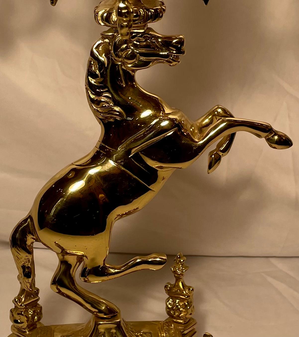 20th Century Pair of Estate English Solid Brass Horse Candelabras.