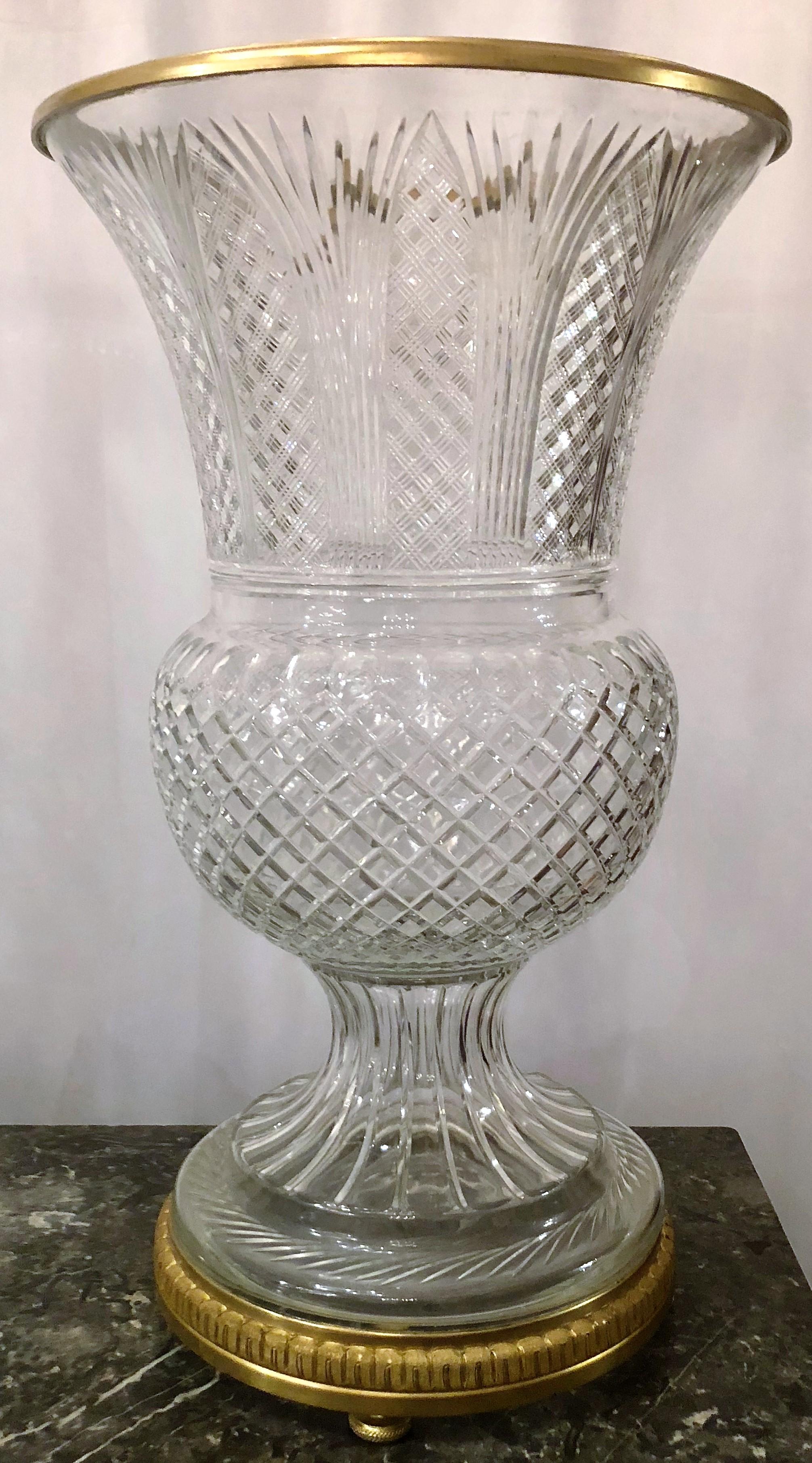 Pair of estate French grand size cut crystal bronze D'Ore urns.