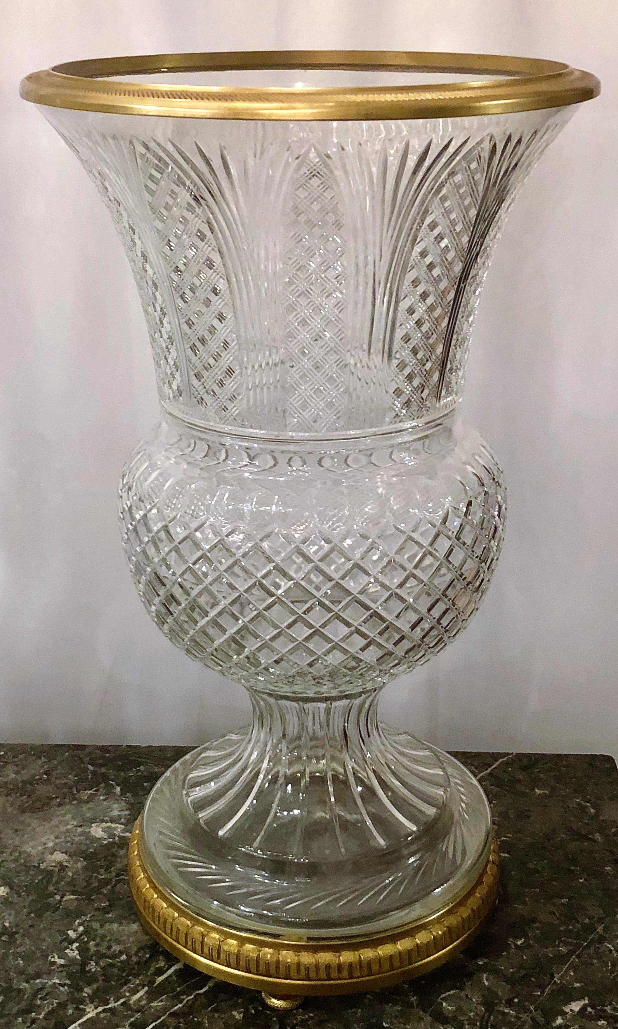 Pair of Estate French Grand Size Cut Crystal Bronze D'Ore Urns In Excellent Condition In New Orleans, LA
