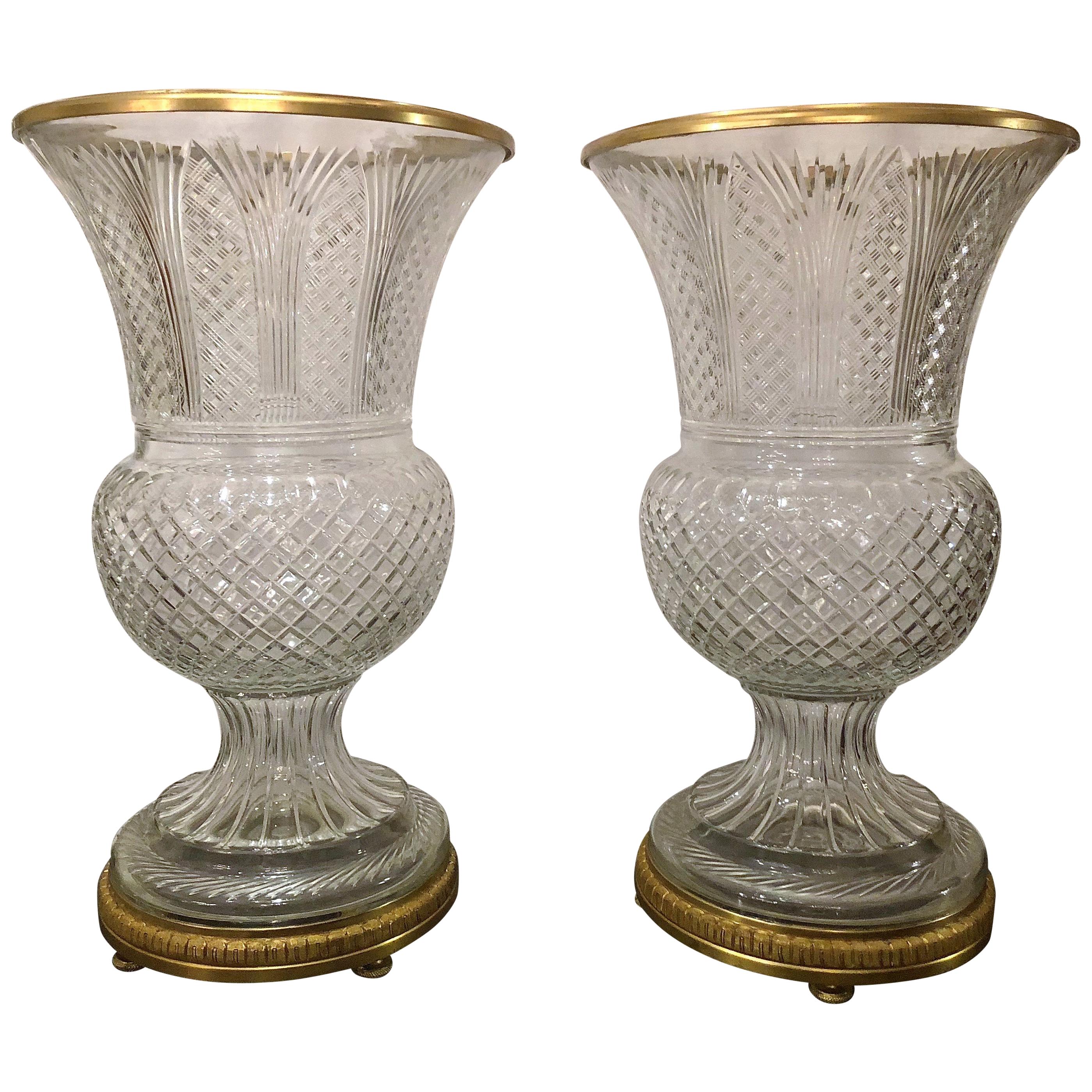 Pair of Estate French Grand Size Cut Crystal Bronze D'Ore Urns