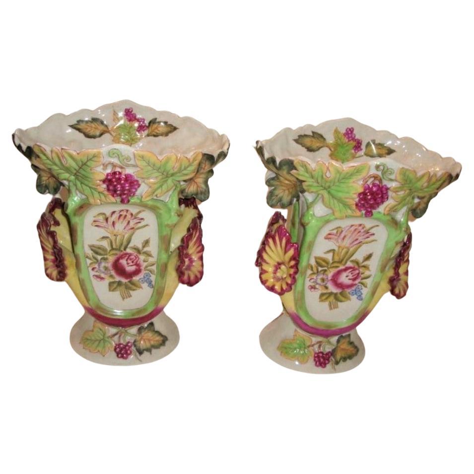 Pair of Estate Handpainted Grape Leaf Floral Centerpiece Porcelain Vases For Sale