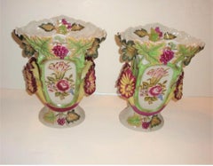 Pair of Estate Handpainted Grape Leaf Floral Centerpiece Vases