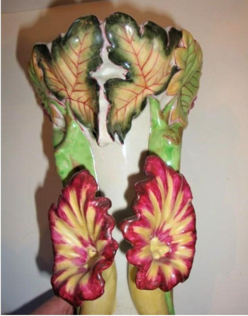 Women's or Men's Pair of Estate Handpainted Grape Leaf Floral Centerpiece Vases For Sale