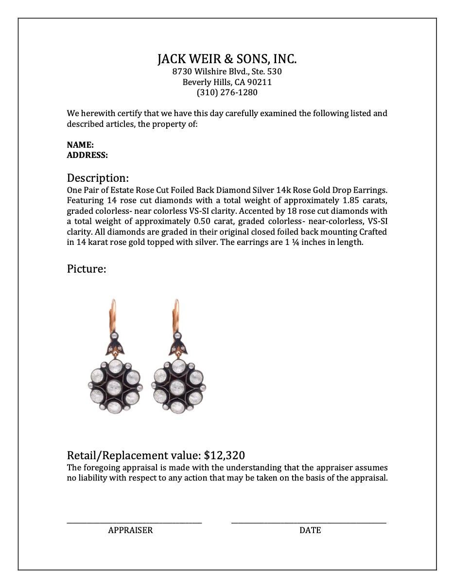 Pair of Estate Rose Cut Foiled Back Diamond Silver 14k Rose Gold Drop Earrings For Sale 2