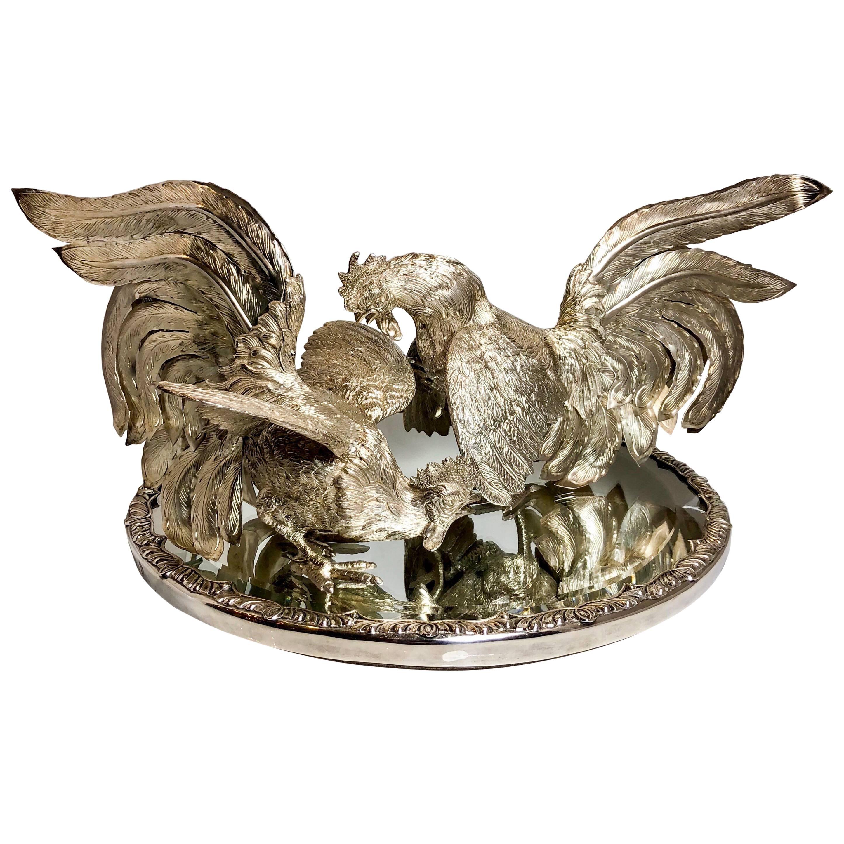 Pair of Estate Sterling Silver Fighting Cocks, Camusso Peru, 3.333247 dwt