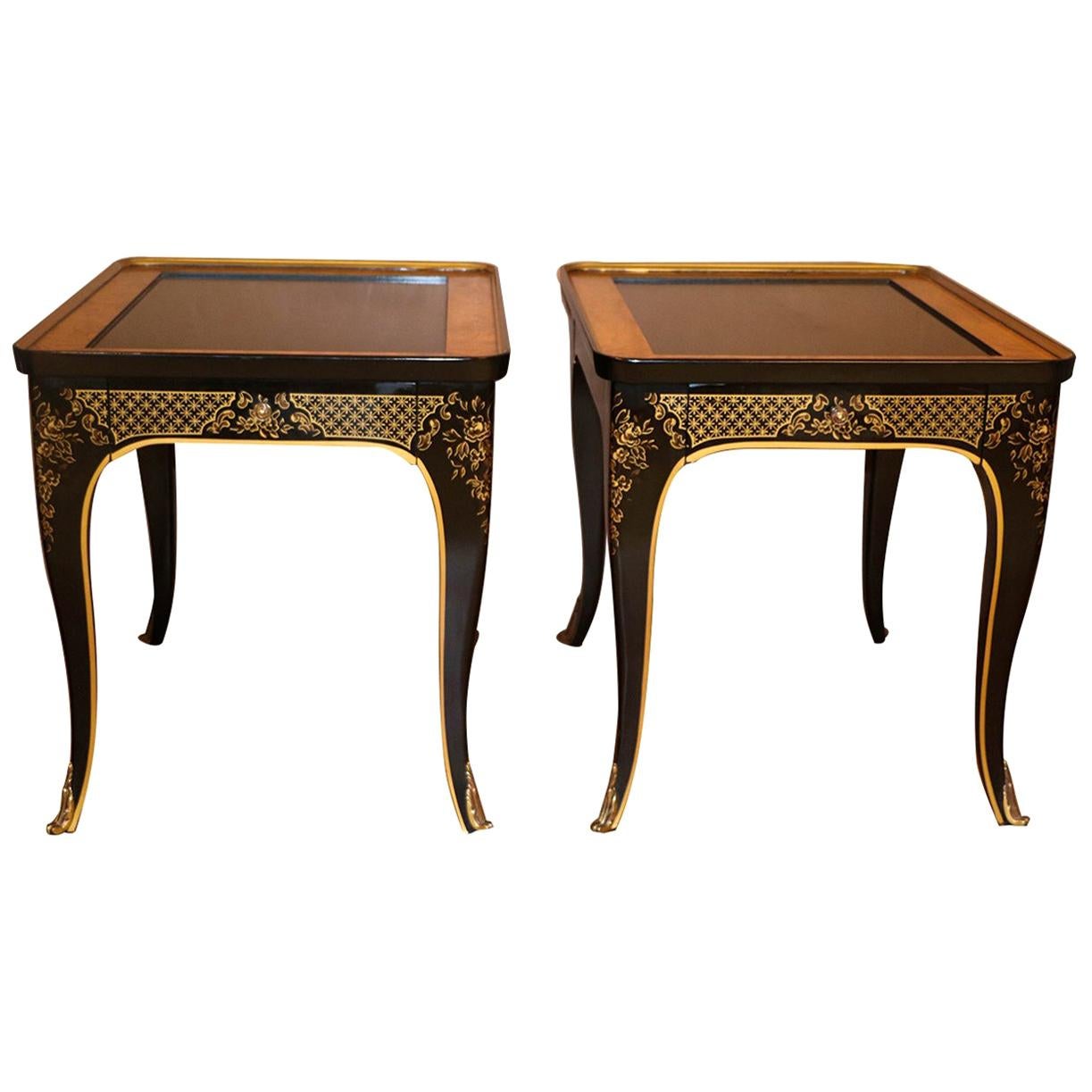 Pair of Et Cetera Chinoiserie Black Lacquer Side Tables by Drexel