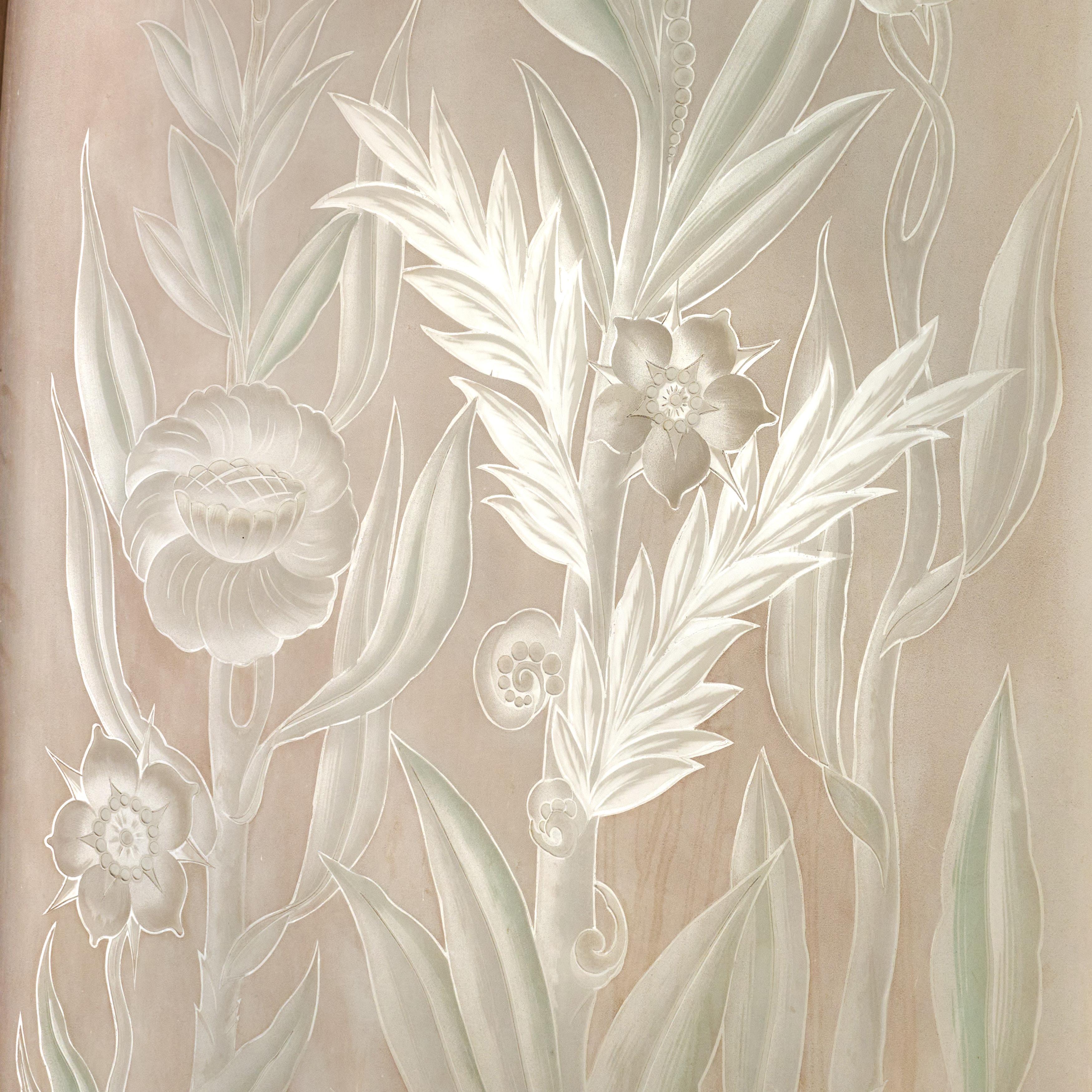 Pair of exceptional etched and wheel cut doors with original frame (frame not pictured). Glass signed by artist. From a mansion in Buenos Aires, Argentina.

