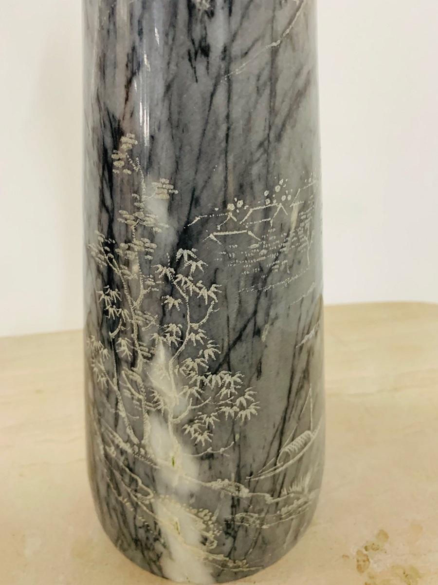Pair of Etched Asian Themed Marble Lamps For Sale 1