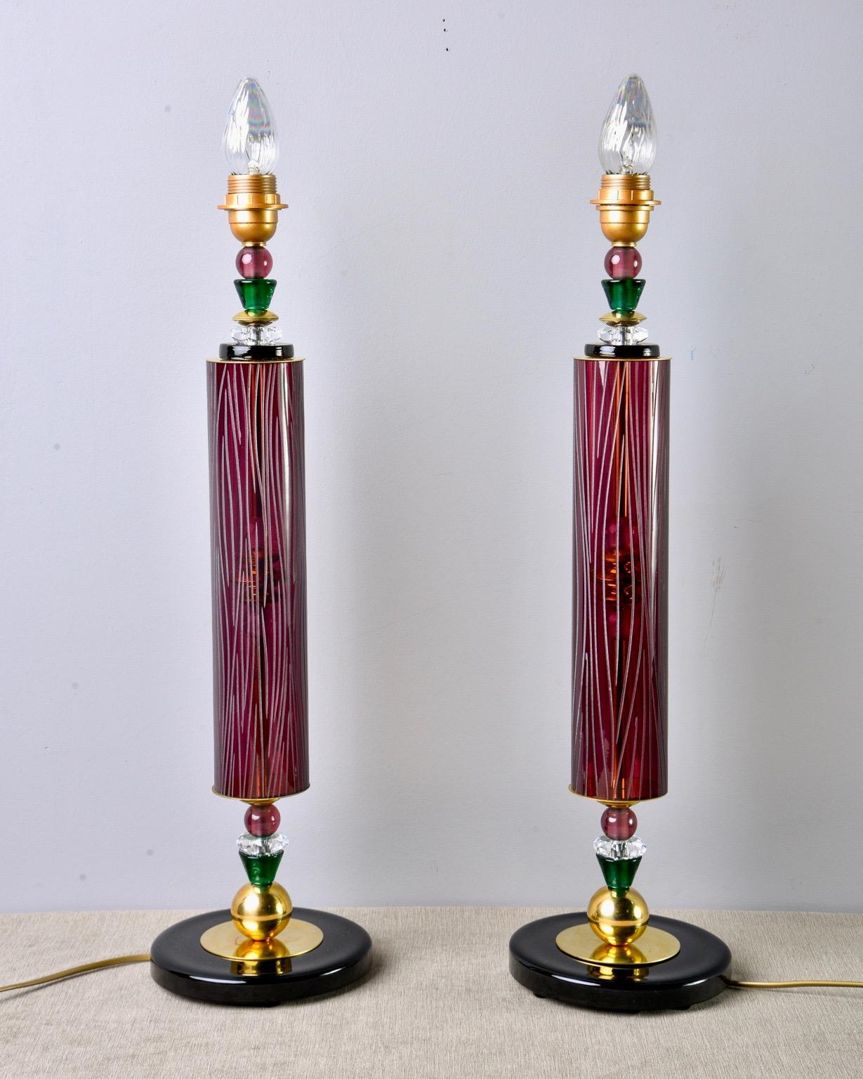 Brass Pair of Etched Aubergine and Multi-Color Murano Glass Table Lamps For Sale