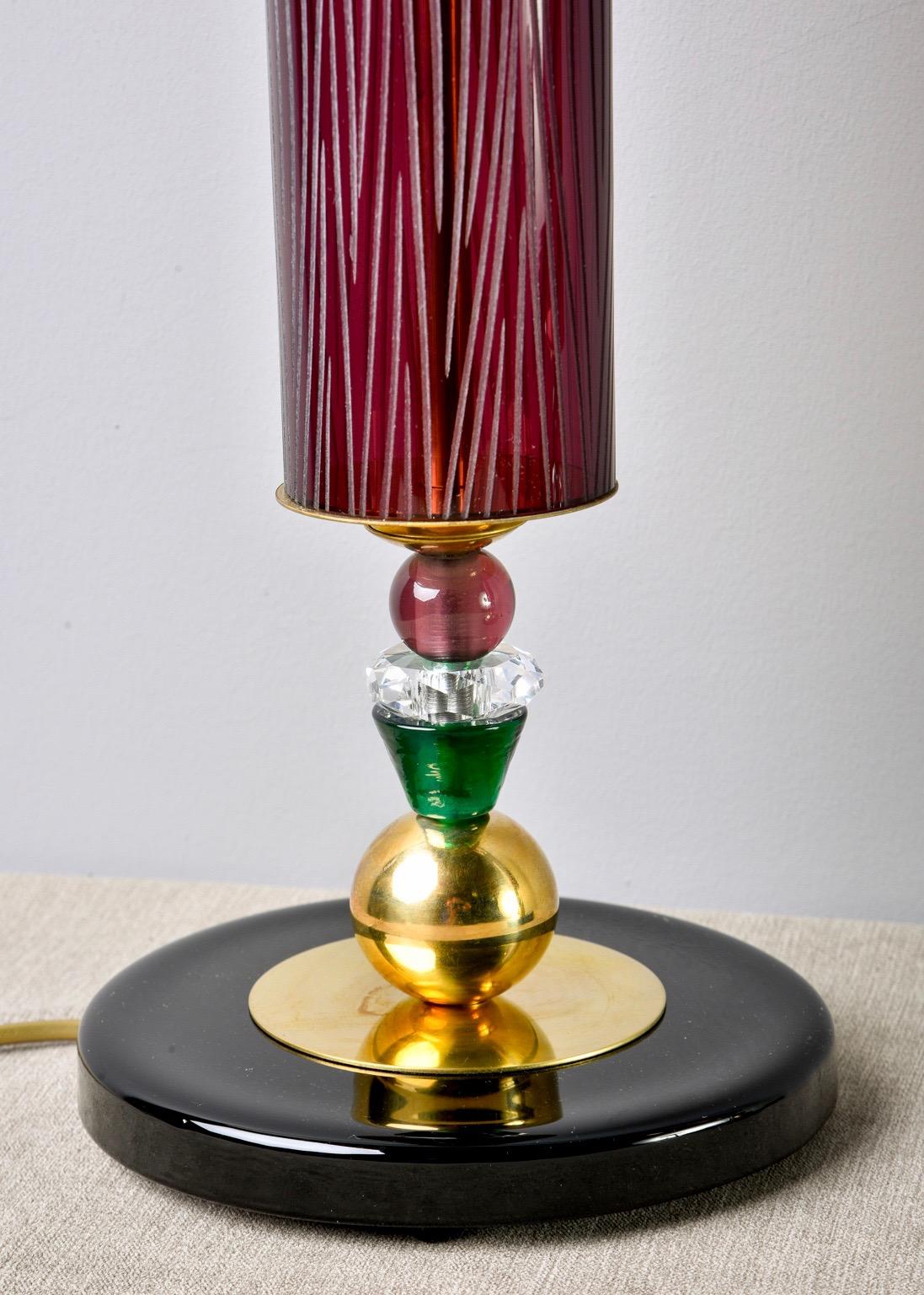 Pair of Etched Aubergine and Multi-Color Murano Glass Table Lamps For Sale 1