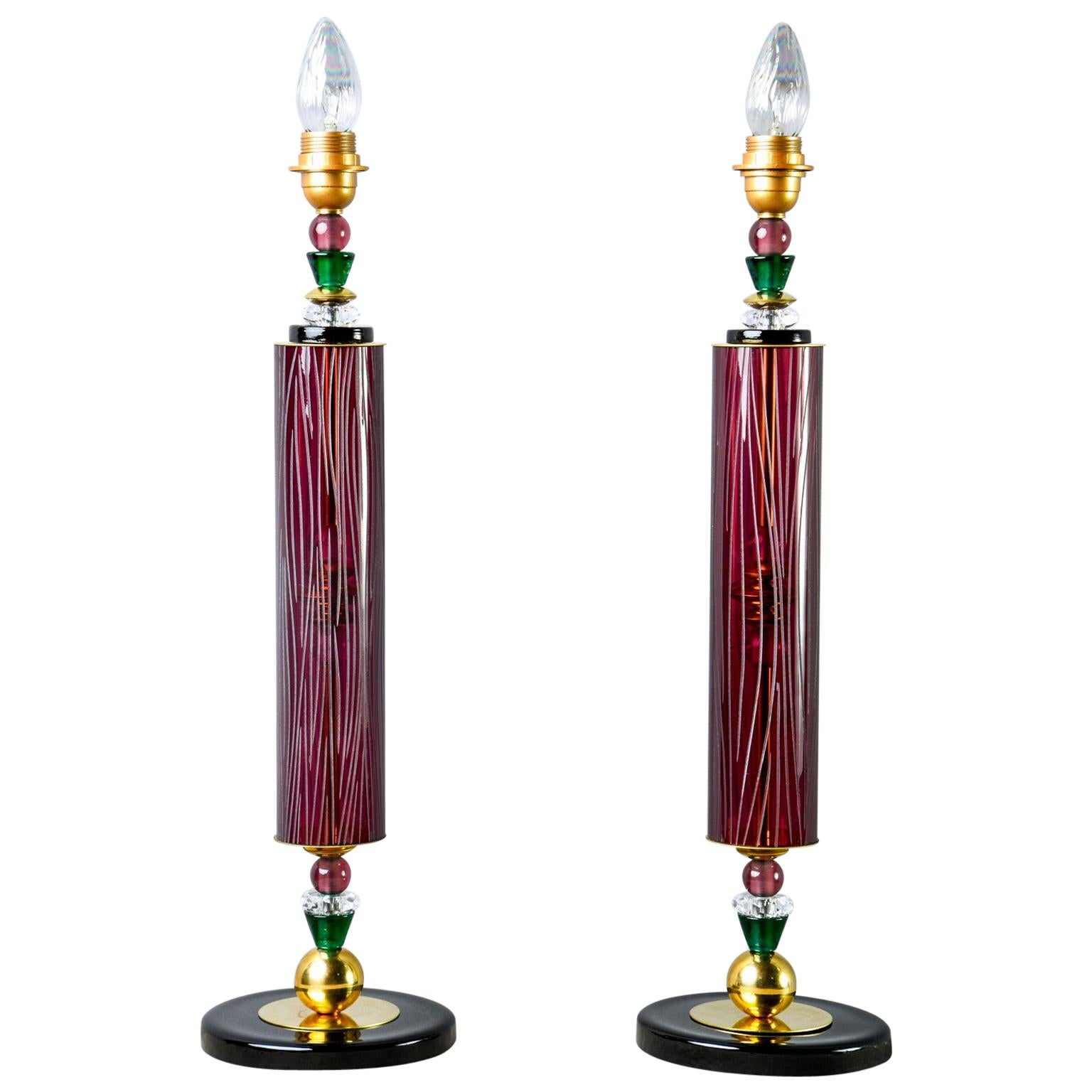 Pair of Etched Aubergine and Multi-Color Murano Glass Table Lamps