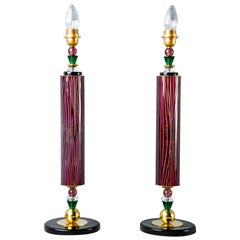 Pair of Etched Aubergine and Multi-Color Murano Glass Table Lamps