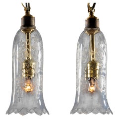 Pair of Etched Baccarat Crystal Pendant Lights with Scalloped Bottom