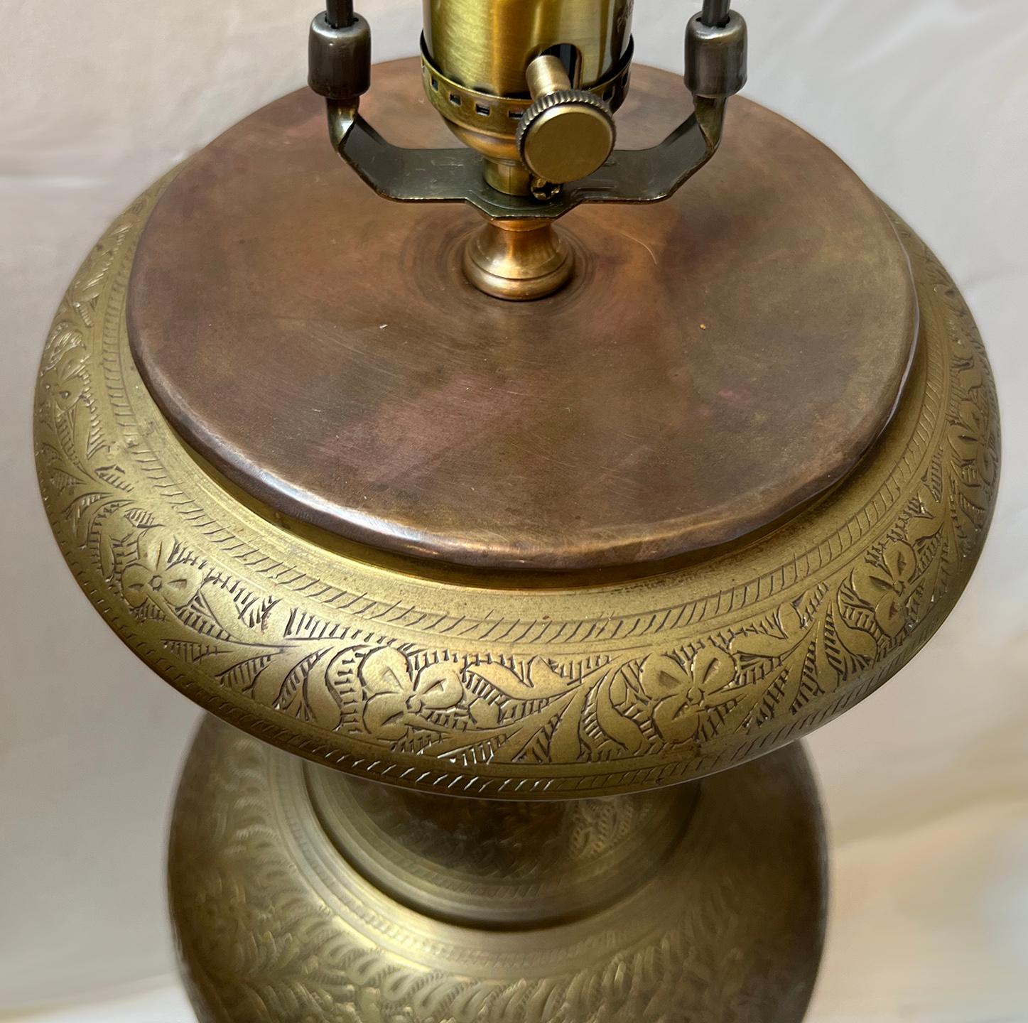 Persian Pair of Etched Brass Lamps