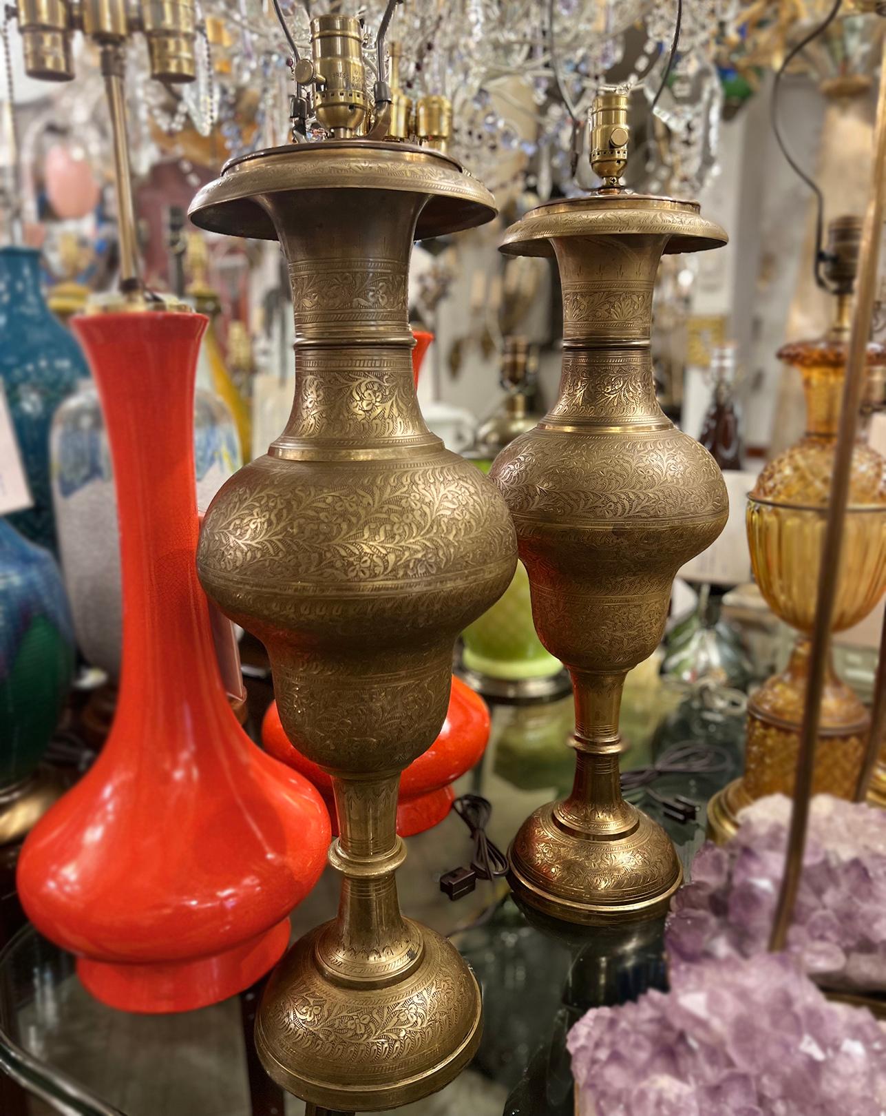 Mid-20th Century Pair of Etched Brass Lamps