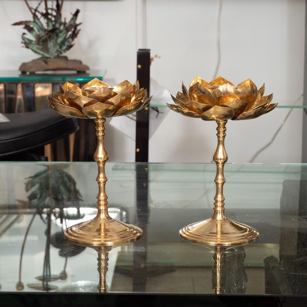 Pair of etched brass lotus form candlesticks by Feldman.