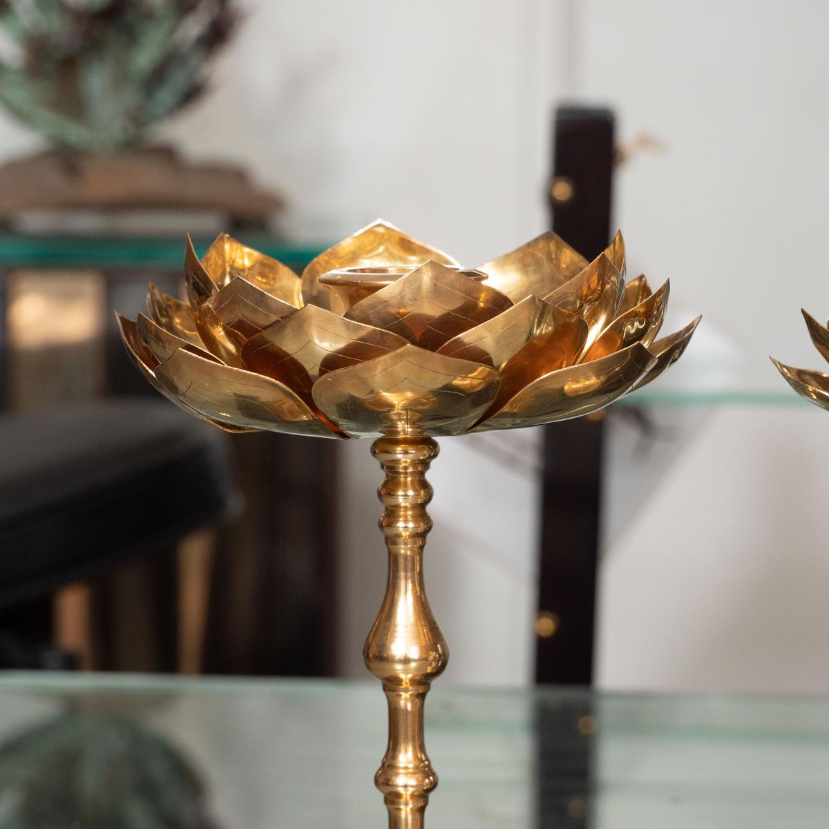 Mid-Century Modern Pair of Etched Brass Lotus Candlesticks