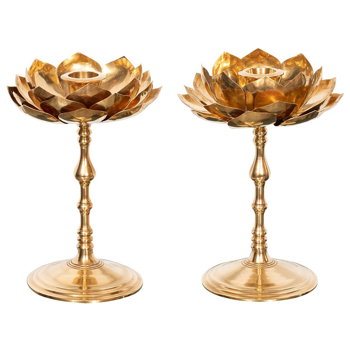 Pair of Etched Brass Lotus Candlesticks