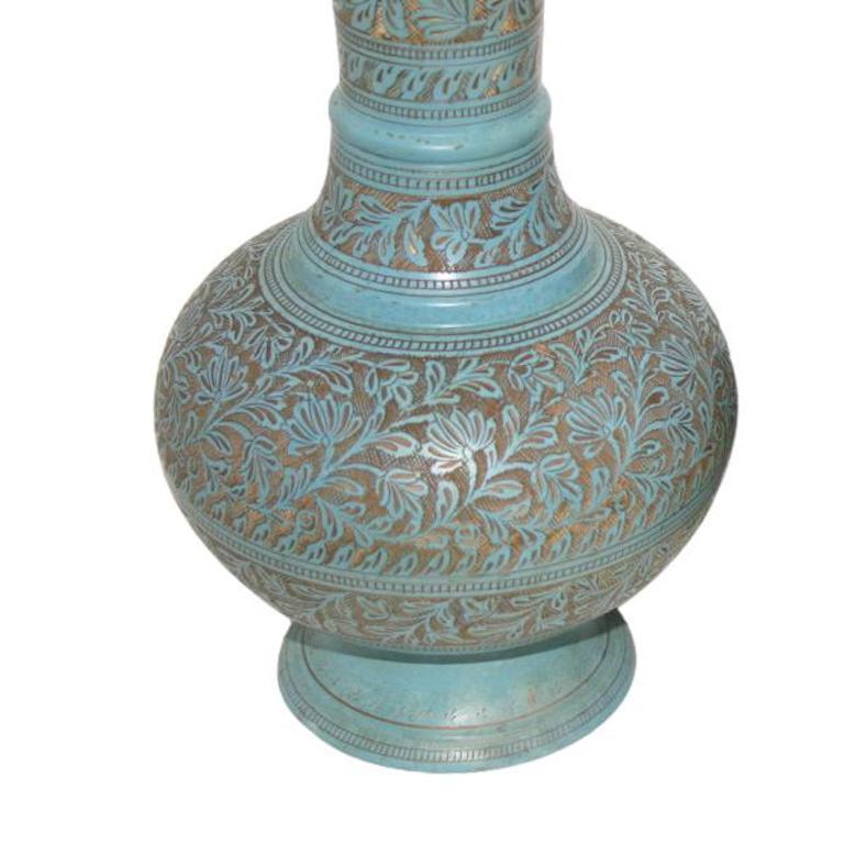 Turkish Pair of Etched Brass Turquoise Lamps