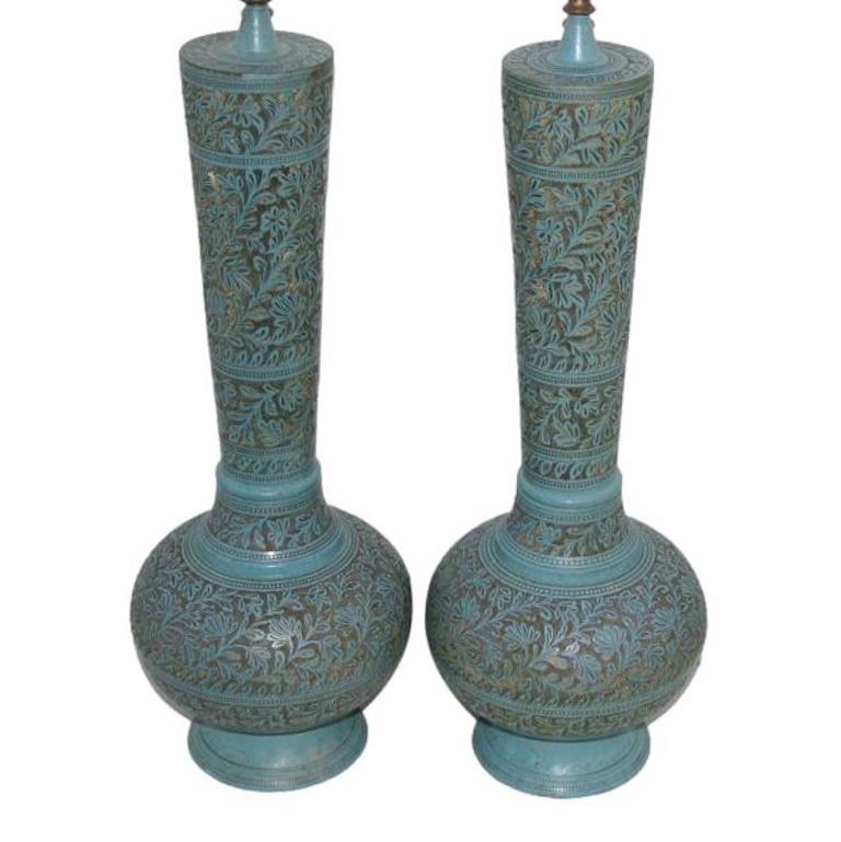 Pair of Etched Brass Turquoise Lamps In Good Condition In New York, NY