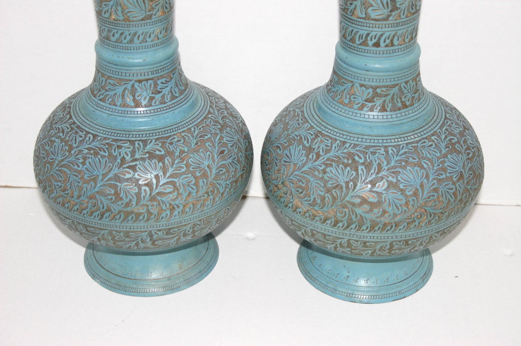 Pair of Etched Brass Turquoise Lamps 1