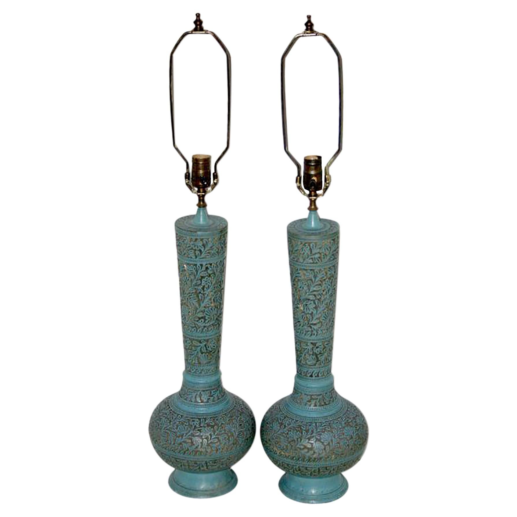 Pair of Etched Brass Turquoise Lamps