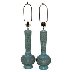 Pair of Etched Brass Turquoise Lamps