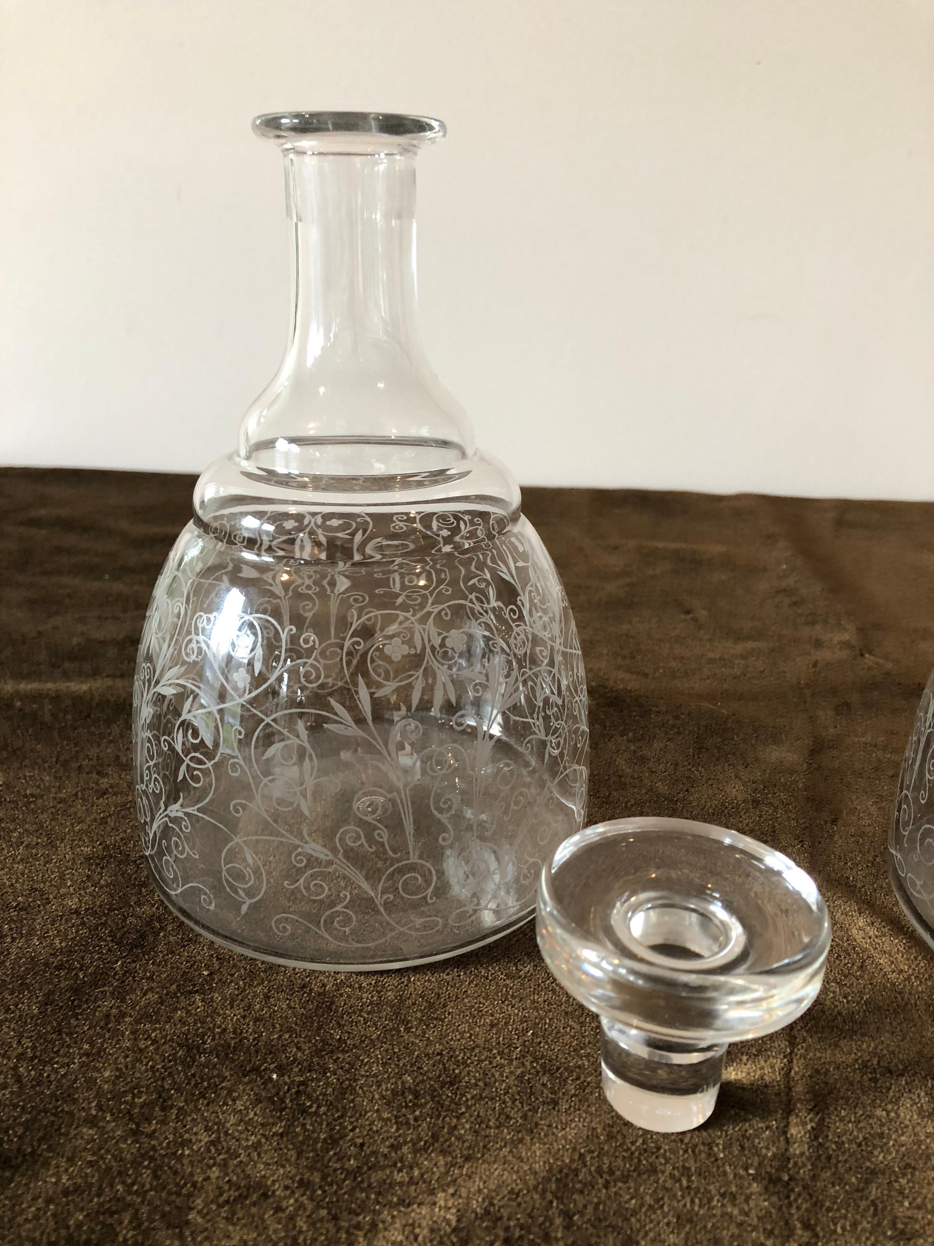 French Pair of Etched Crystal Baccarat Decanters For Sale