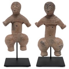 Antique Pair of Etched Dogu-Style Terracotta Figures