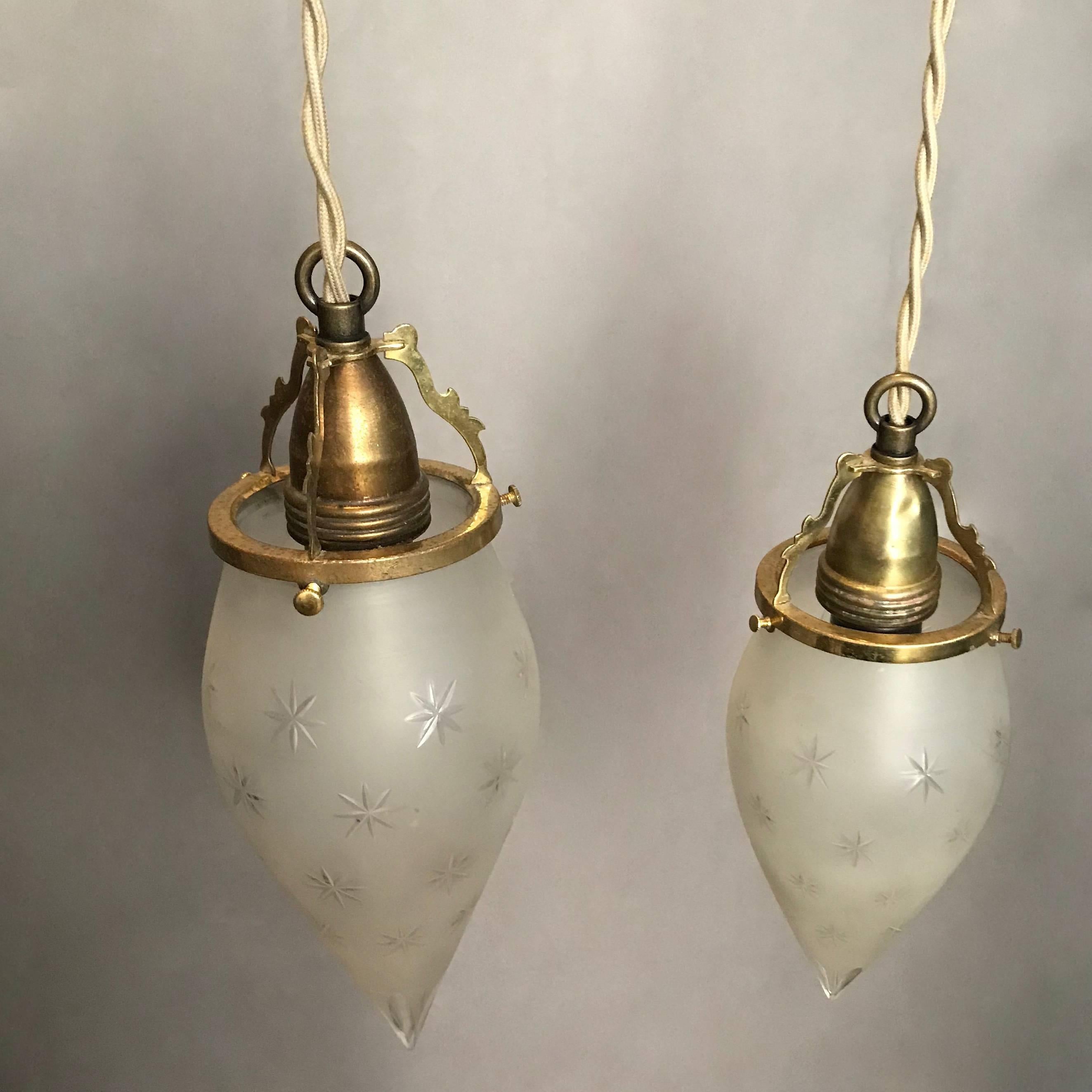 Industrial Pair of Etched Frosted Glass Teardrop Pendant Lights