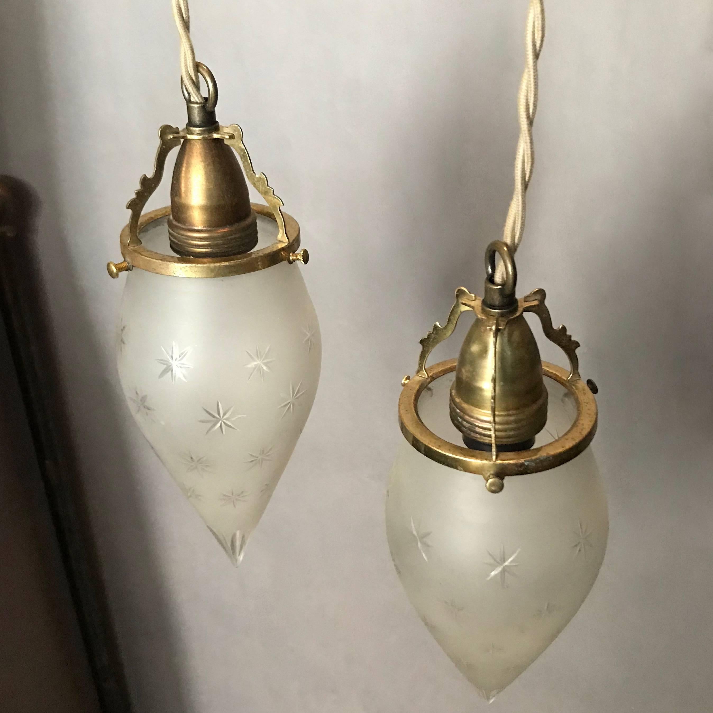 American Pair of Etched Frosted Glass Teardrop Pendant Lights