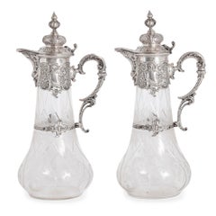 Pair of Etched Glass and Silver Pitchers by Bruckmann & Söhne