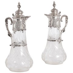 Antique Pair of Etched Glass and Silver Pitchers by Bruckmann & Söhne