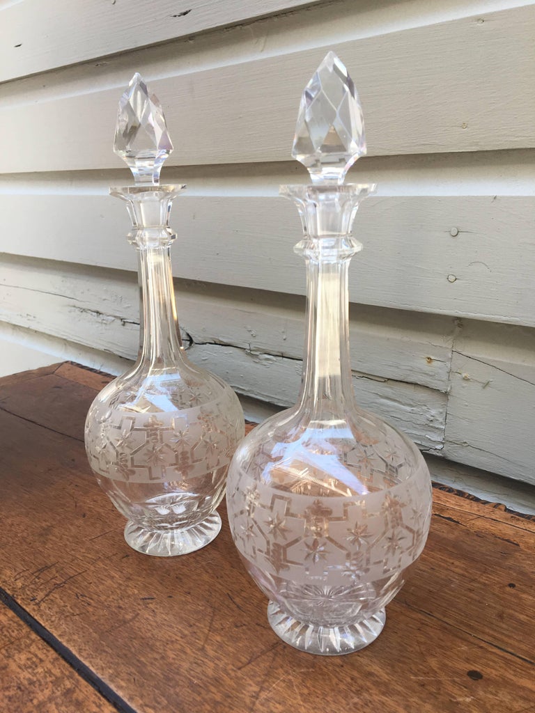 Pair of Etched Glass Decanters For Sale at 1stDibs