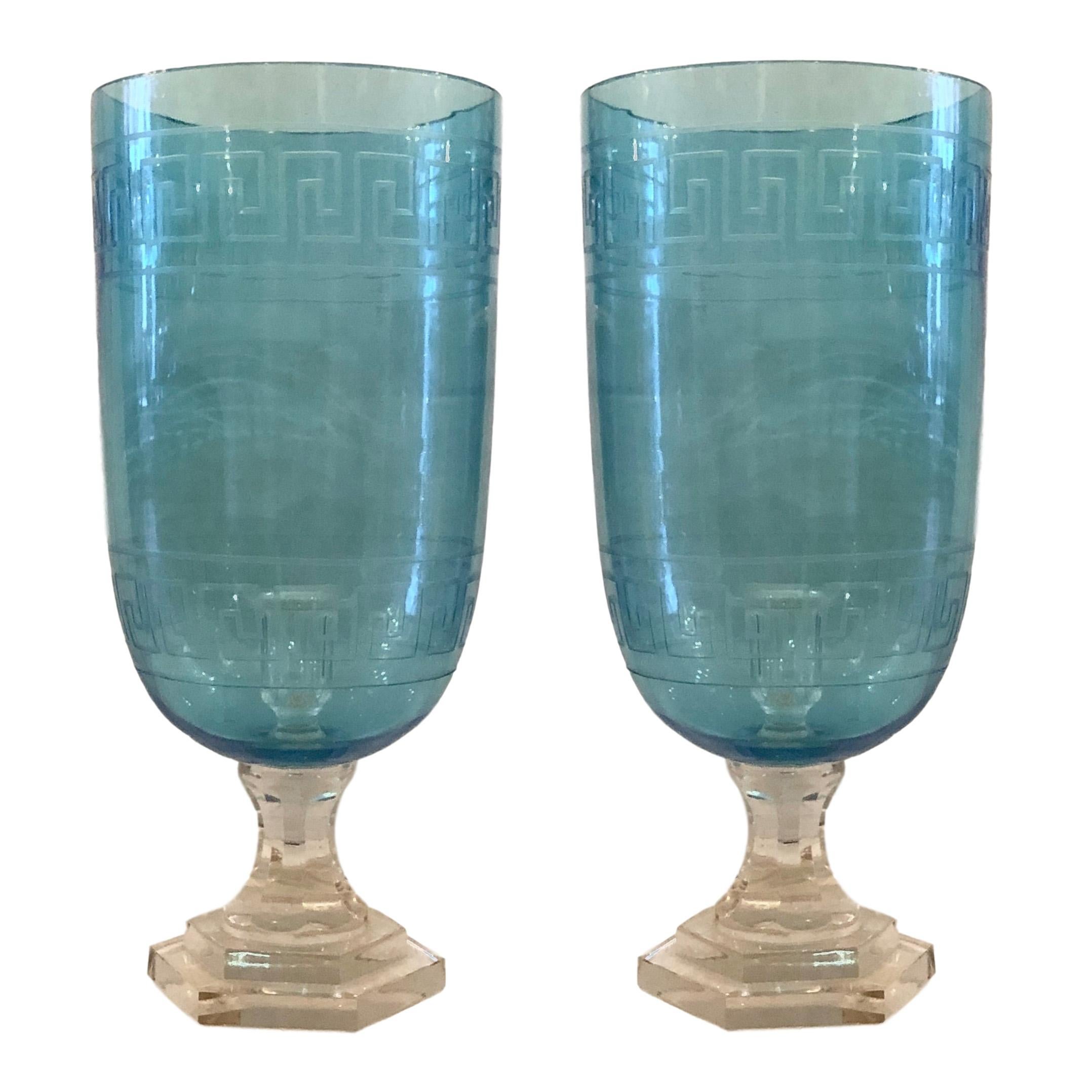 Mid-20th Century Pair of Etched Glass Hurricanes