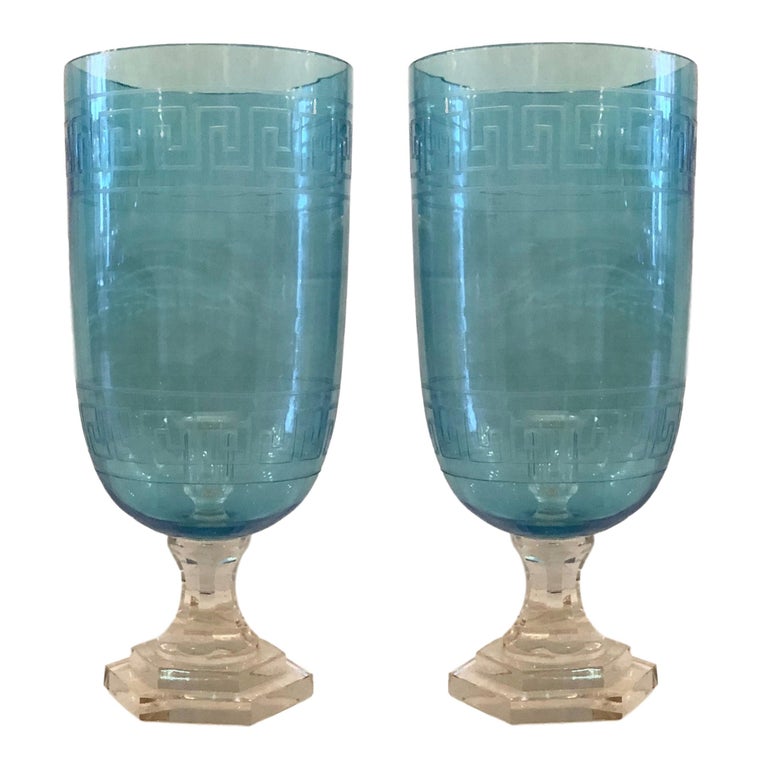 Pair of Etched Glass Hurricanes at 1stDibs