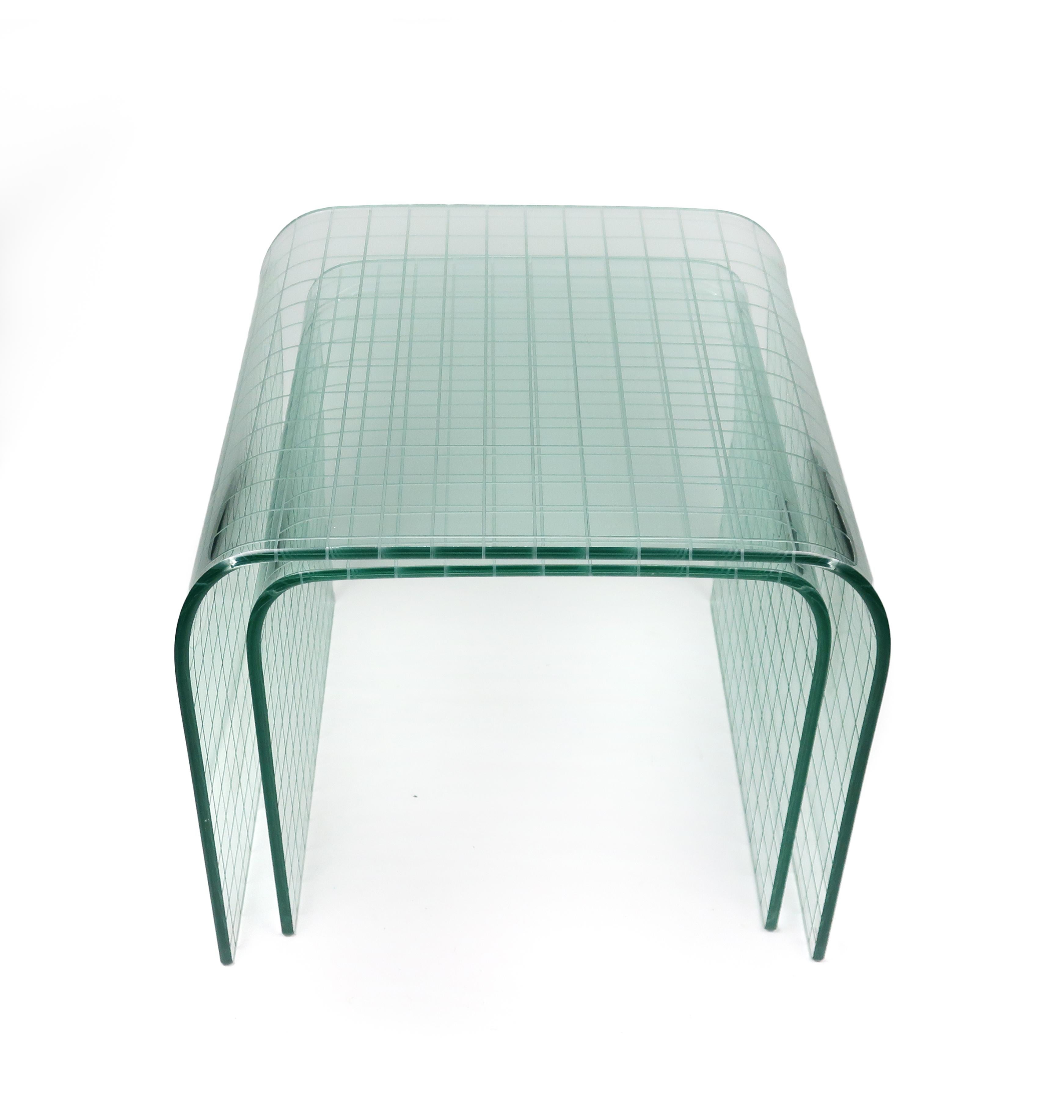 Post-Modern Pair of Etched Glass Waterfall Tables by Angelo Cortesi for FIAM For Sale