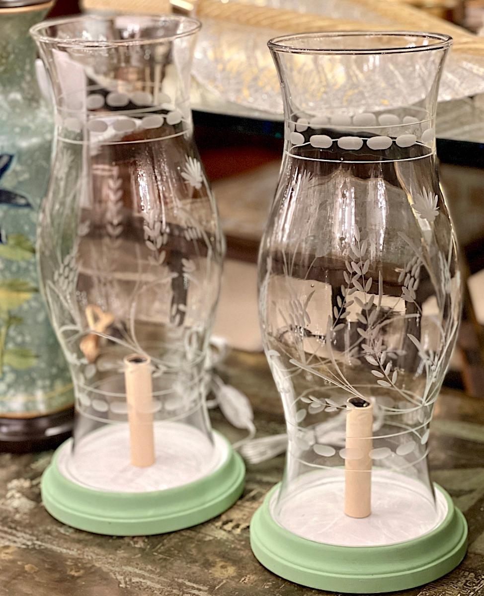 Mid-20th Century Pair of Etched Hurricane Lamps For Sale
