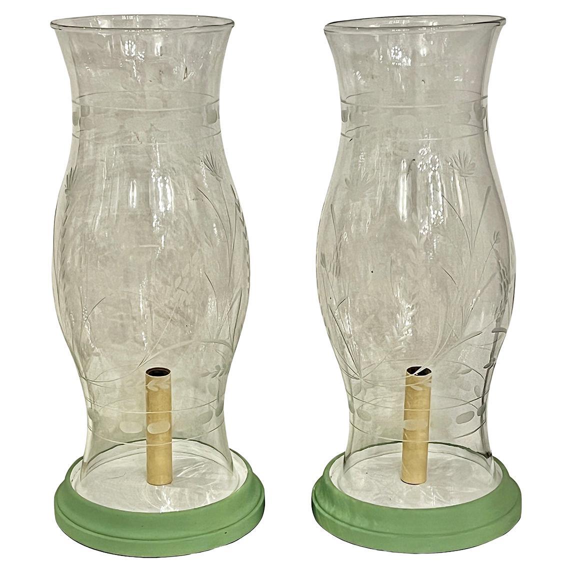 Pair of Etched Hurricane Lamps For Sale