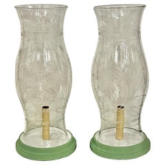 Retro Pair of Etched Hurricane Lamps