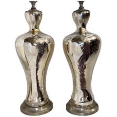 Pair of French Mercury Glass Table Lamps with Floral Design Etching