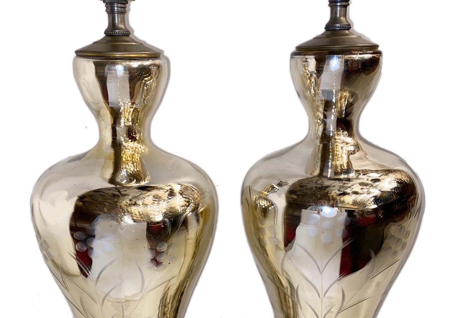 Mid-20th Century Pair of Etched Mercury Glass Table Lamps For Sale