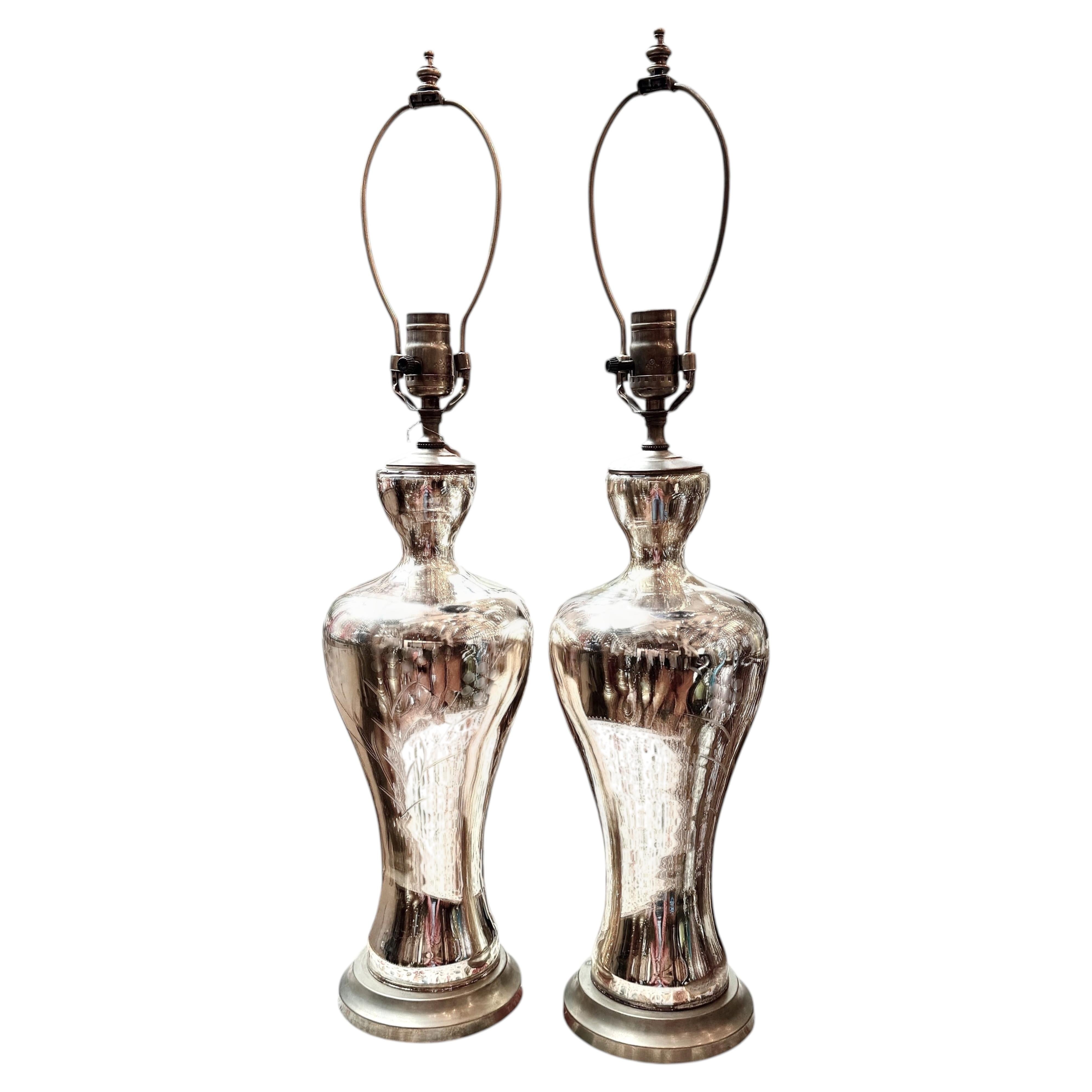 Pair of French Mercury Glass Table Lamps with Floral Design Etching